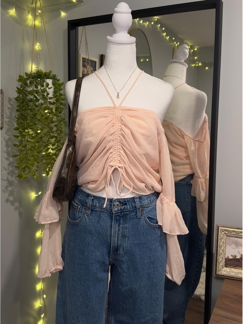 Guess Blush Ruched Off Shoulder Sheer Top ✨